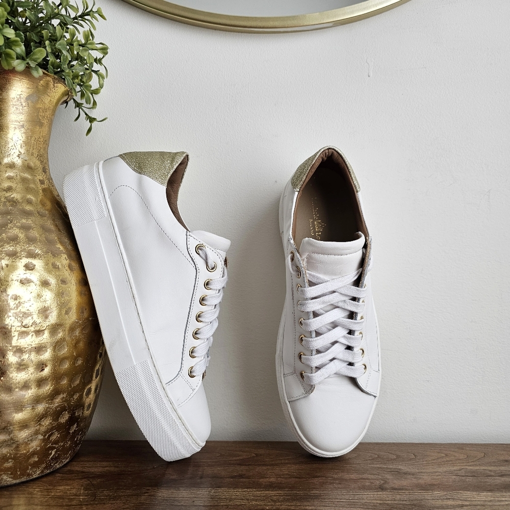 Michele Lopriore Milan White Leather Sneakers 39 Gold Glitter Heel Made in Italy